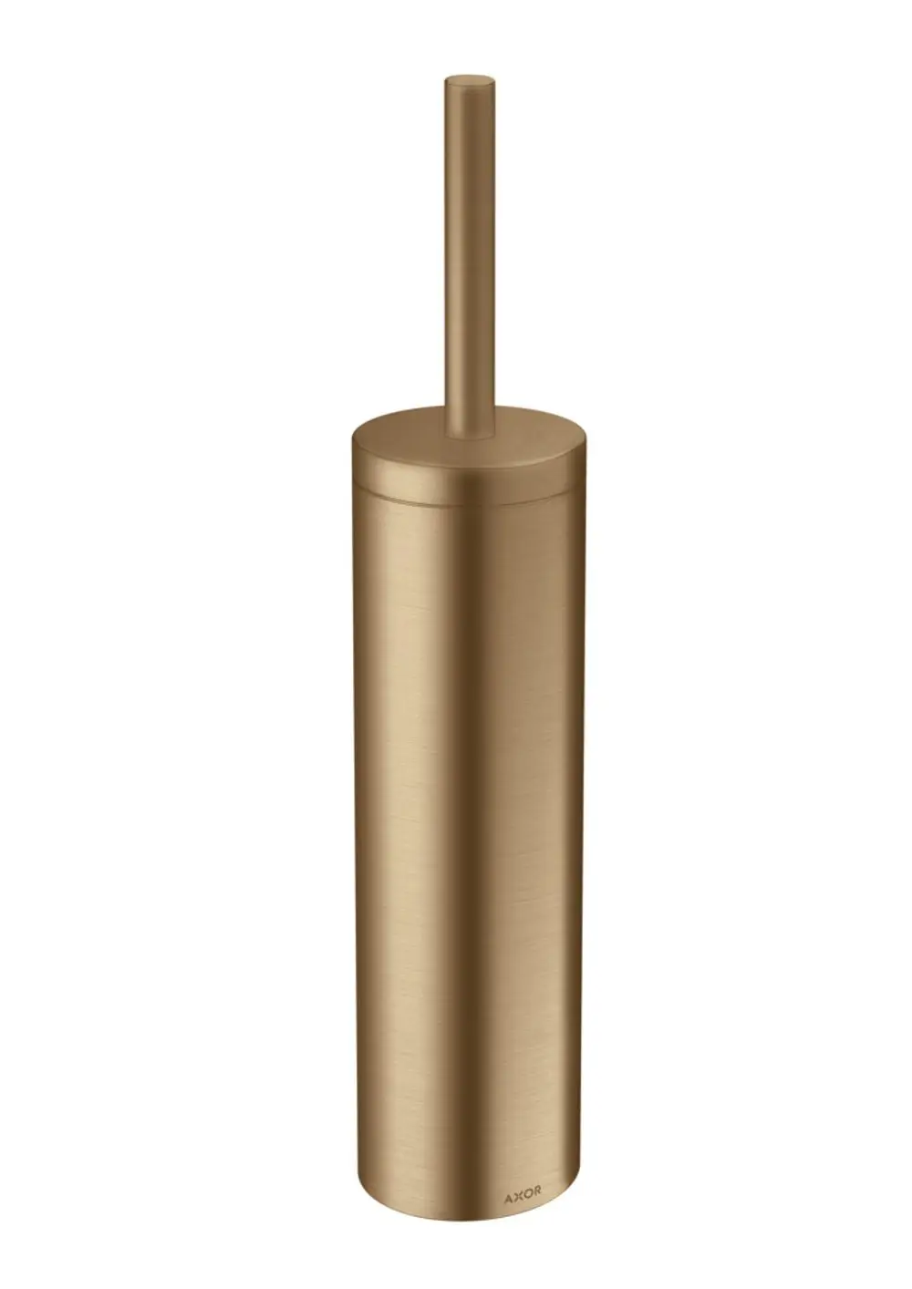 Toilettenbürstenhalter in gebürstetem Bronze-Finish, zylindrisches Design mit langem Griff. Marke AXOR ist am Fuß des Halters zu erkennen.